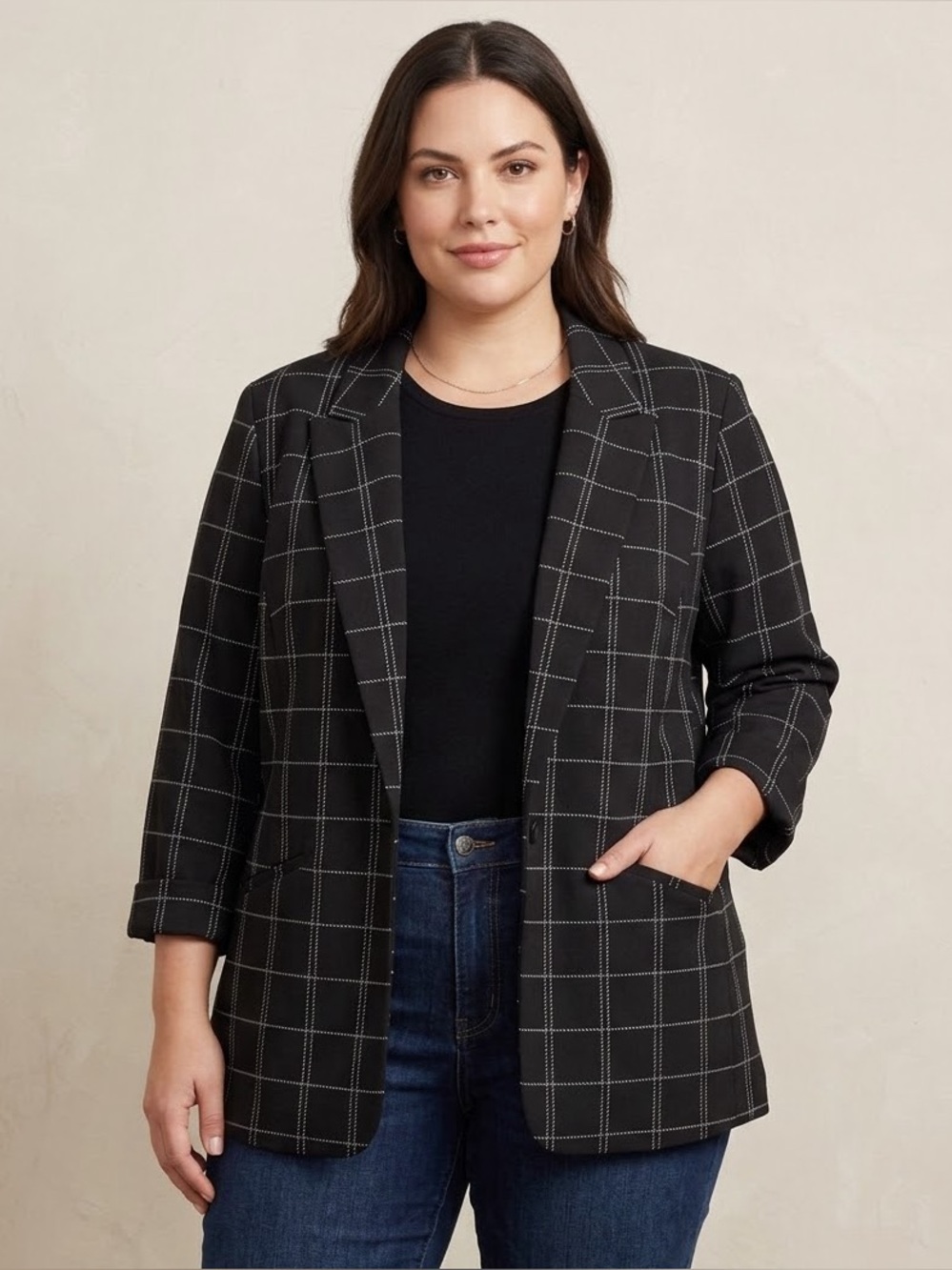 Nine West Black Windowpane Blazer Jacket - Classic Tailored Coat